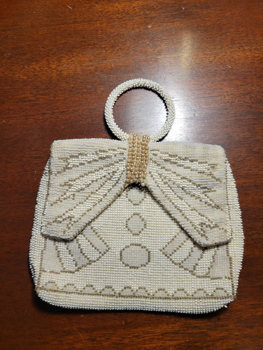 Vintage Ivory Beaded Top-Handle Evening Bag